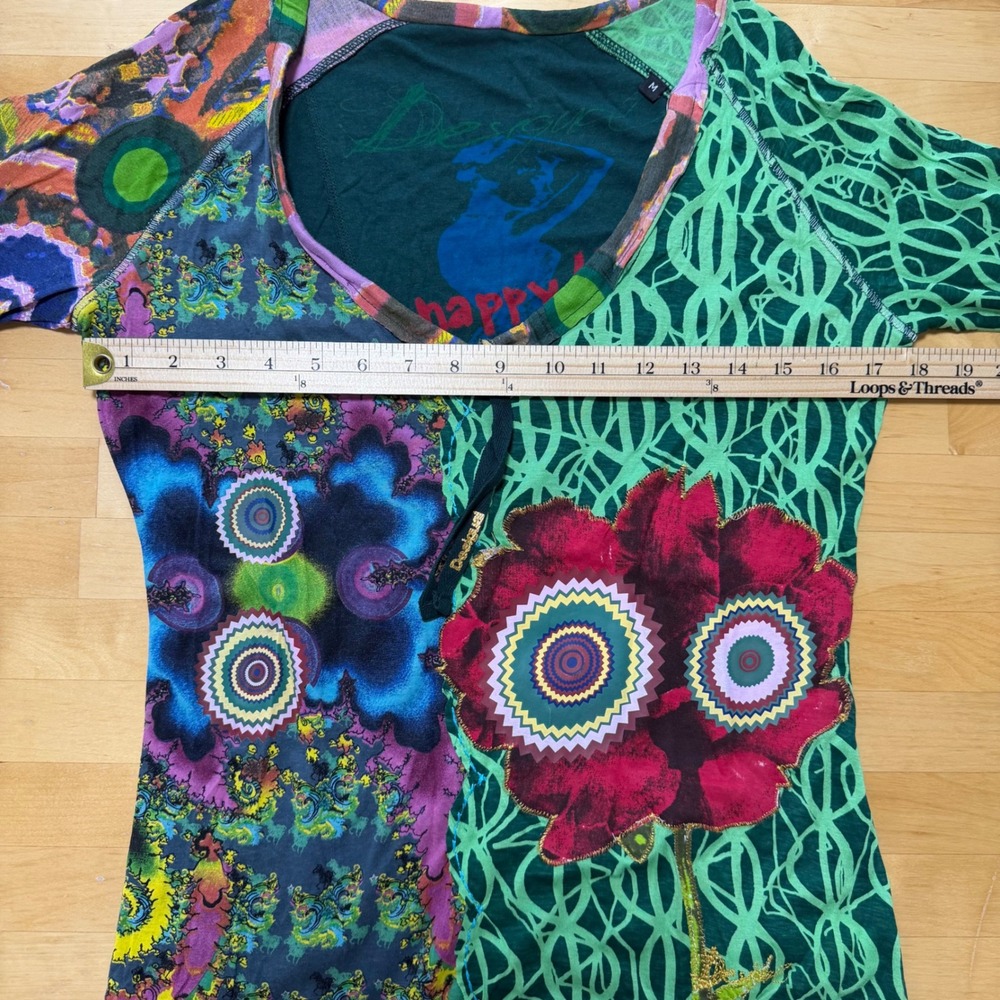 Desigual Patchwork Graphic Long Sleeve Top Green Multi Womens Medium Boho Shirt - Picture 11 of 13